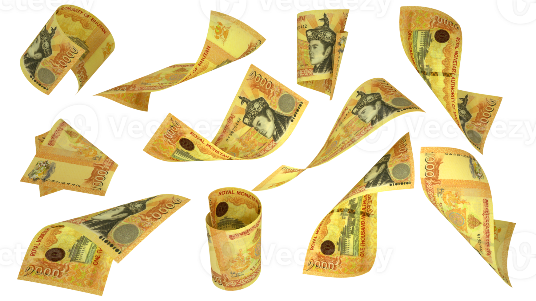 3D rendering of Bhutanese Ngultrum notes flying in different angles and orientations isolated on transparent  backgroun png