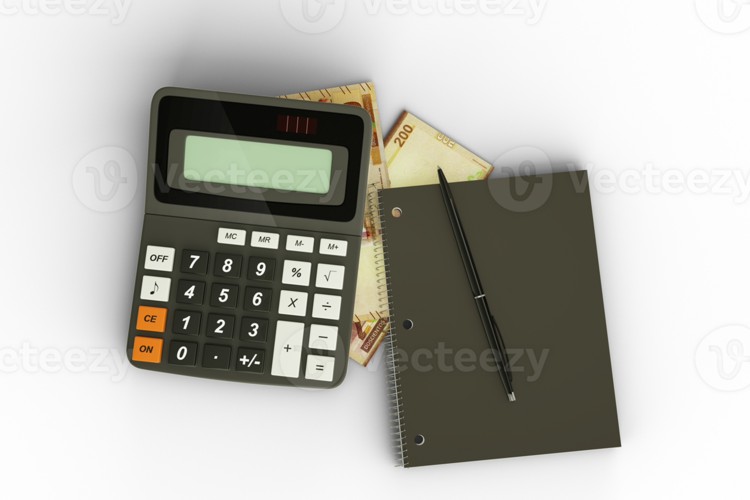 3D rendering of a composition of Bolivian Boliviano notes, a calculator, a note book and a pen isolated on  transparent background. Tax background design concept png