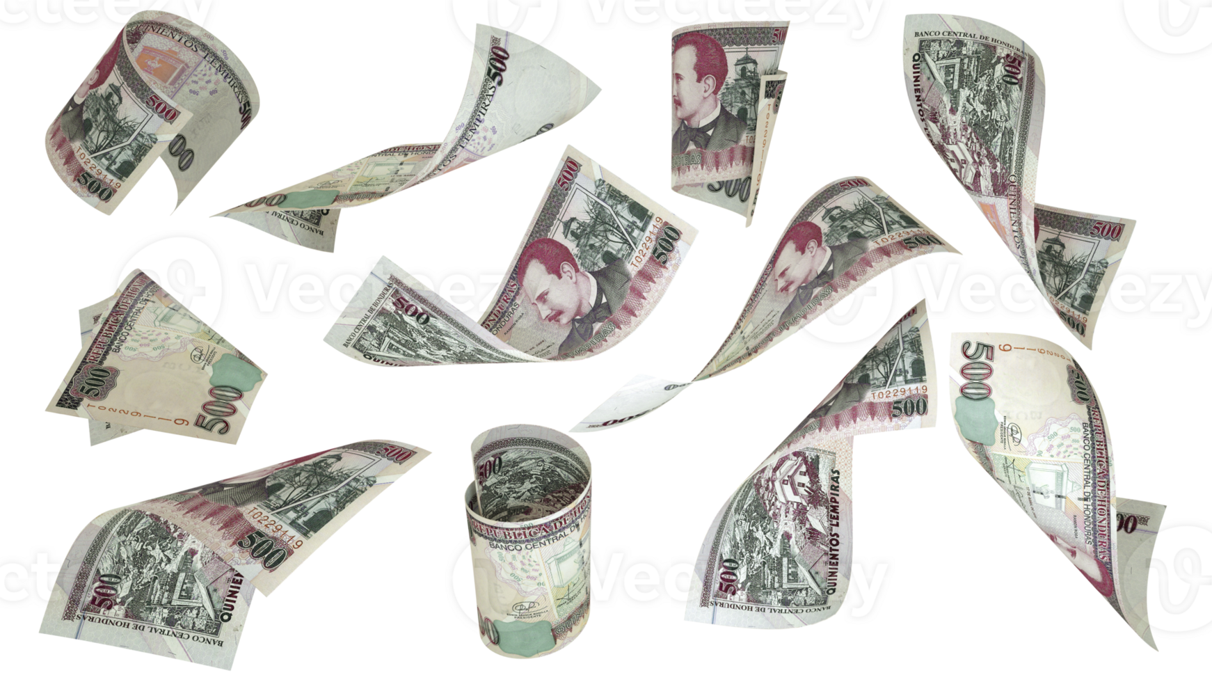 3D rendering of Honduran Lempira notes flying in different angles and orientations isolated on transparent background png