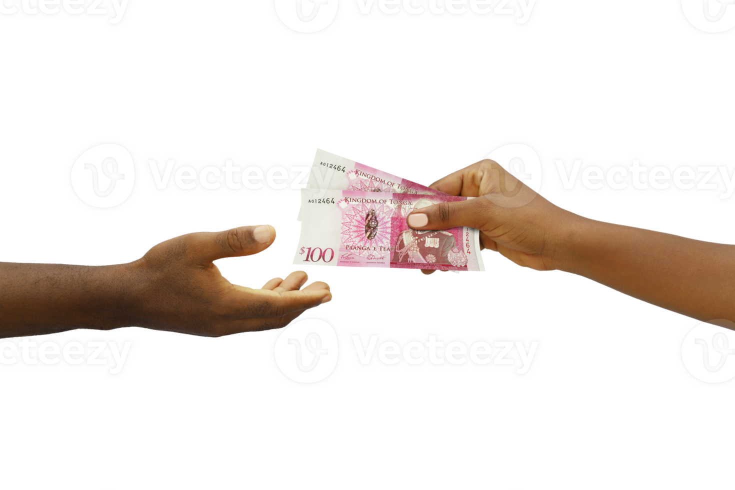 Hand giving 3D rendered Tongan Paanga notes to another hand. Hand receiving money png