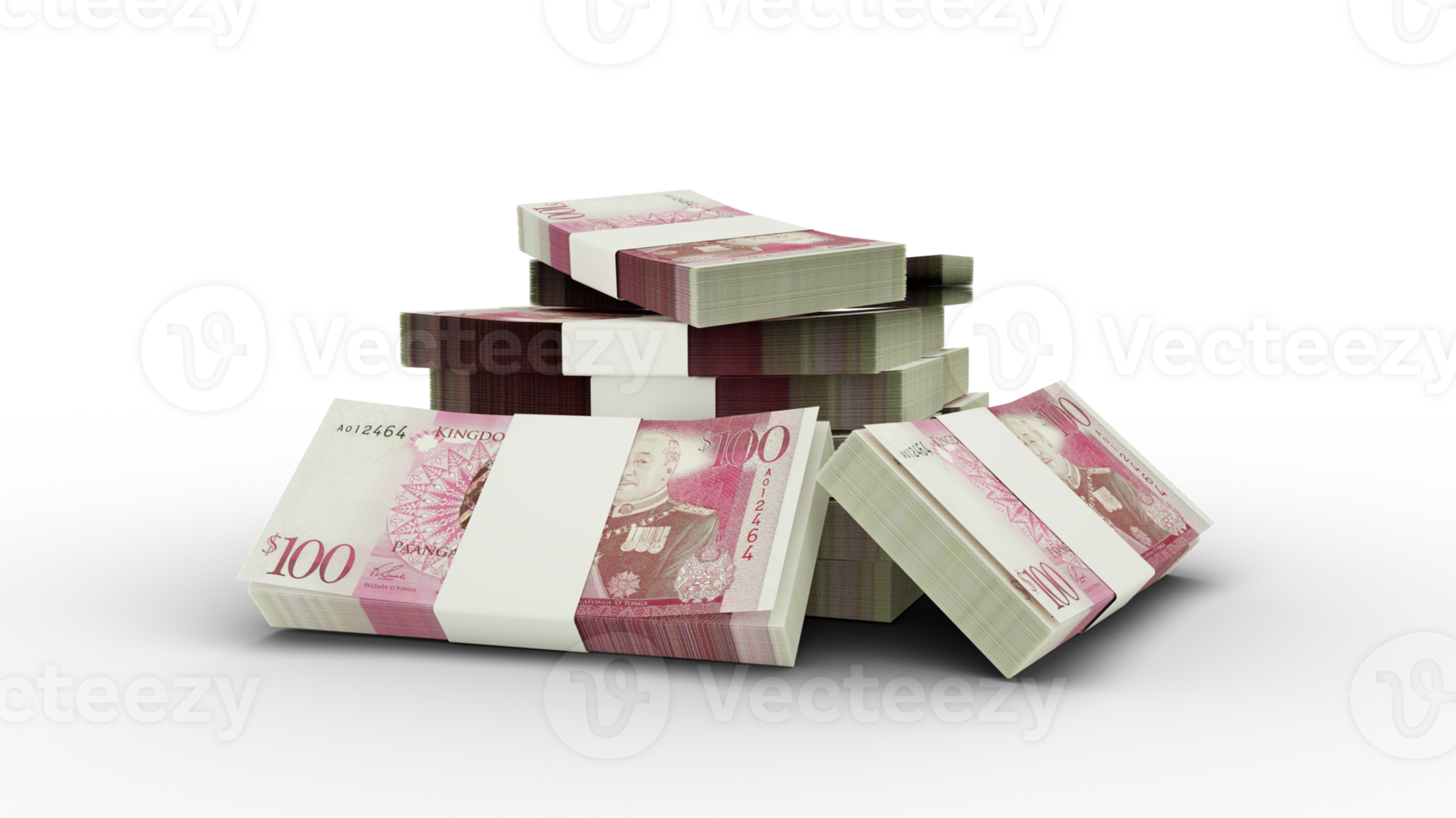 3d rendering of Stacks of 100 Tongan Paanga notes. bundles of Tongan currency notes isolated on transparent background png