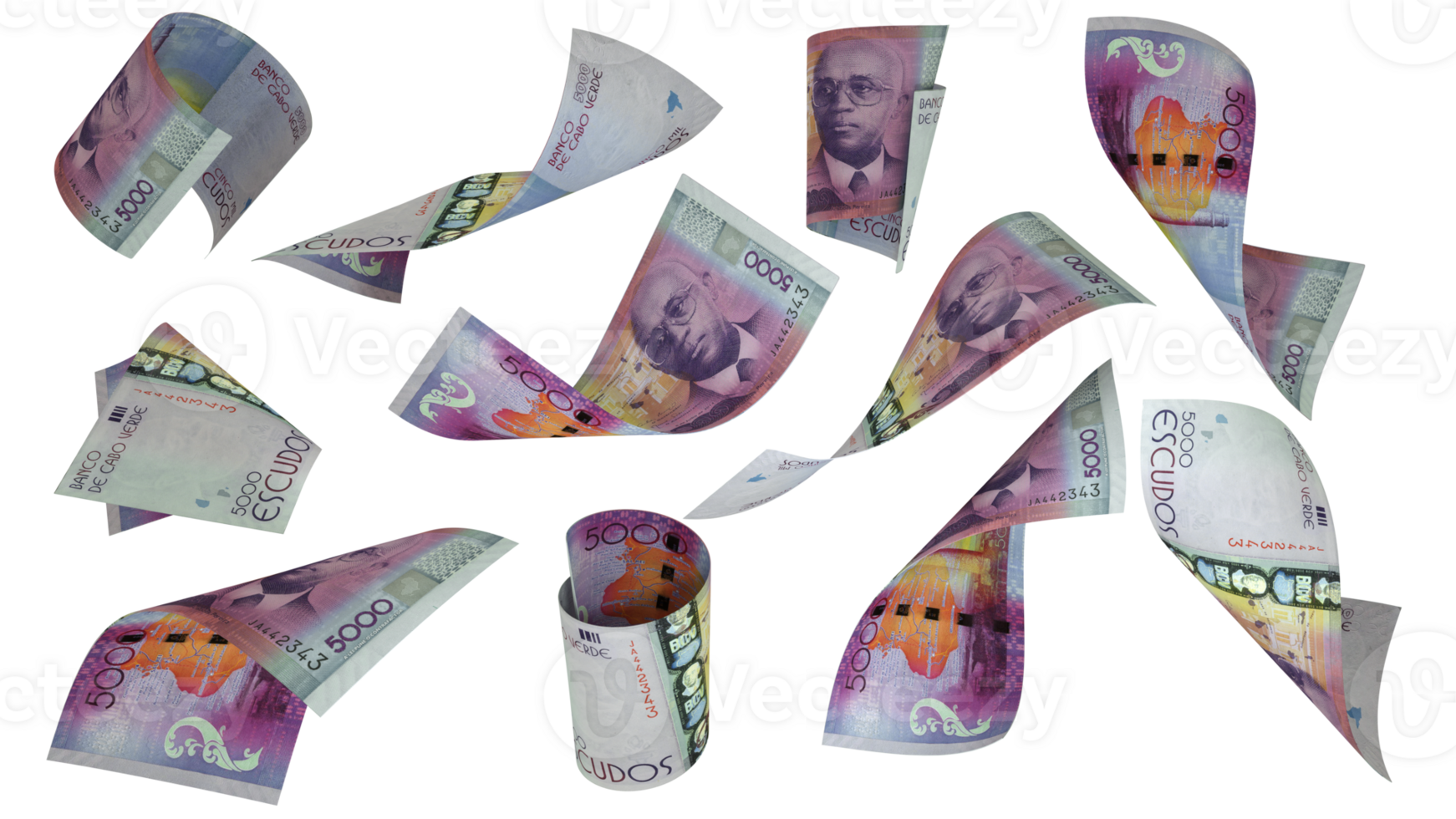 3D rendering of 5000 Cape Verdean Escudo notes flying in different angles and orientations isolated on transparent background png