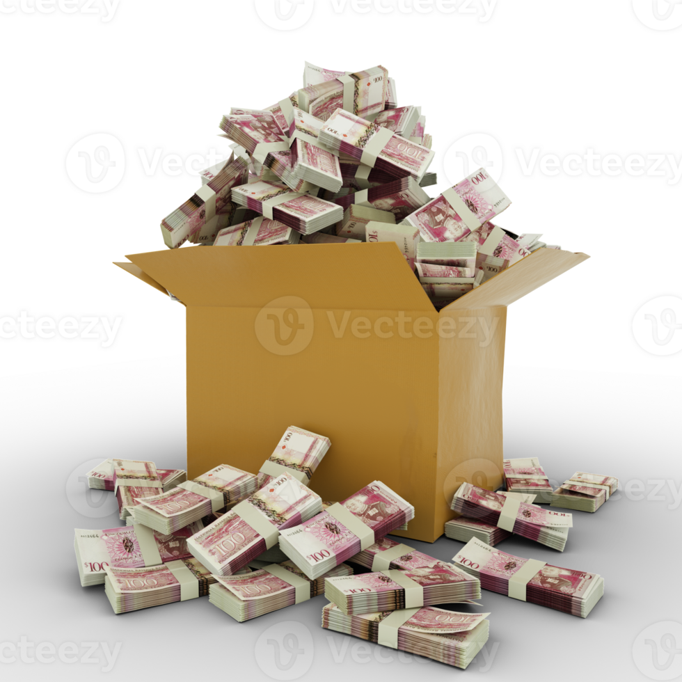 3d rendering of cardboard box full of 100 Tongan Paanga notes isolated on a transparent background png