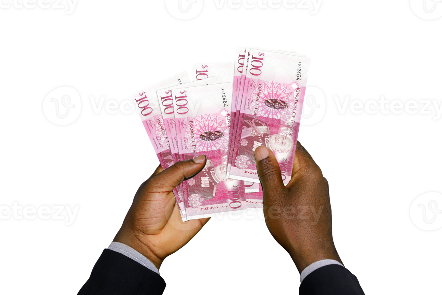 Black hands holding 3D rendered Tongan Paanga notes. closeup of Hands holding Tongan currency notes png