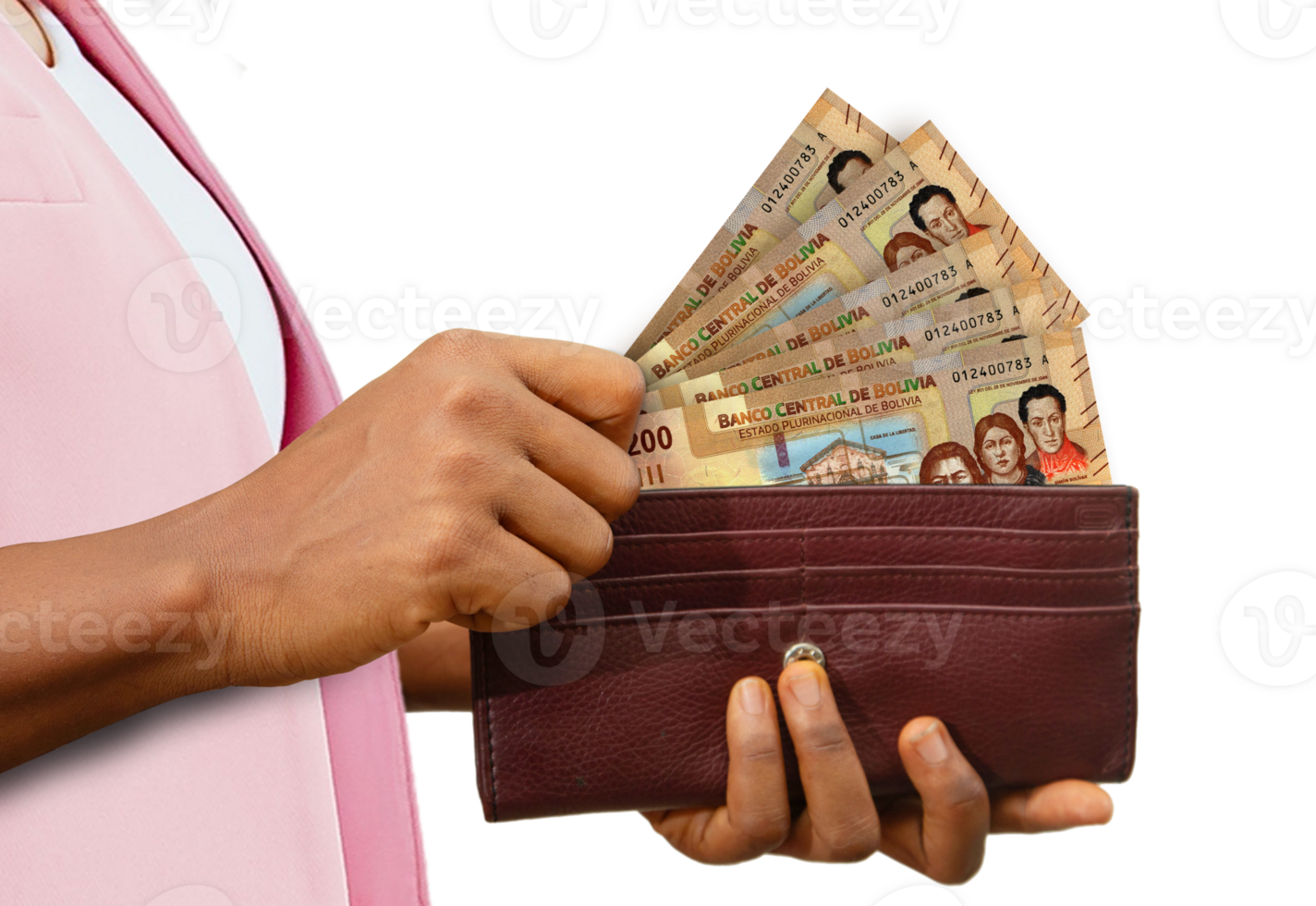 fair Hand Holding brown Purse With Bolivian Boliviano notes, hand removing money out of purse isolated on transparent background png