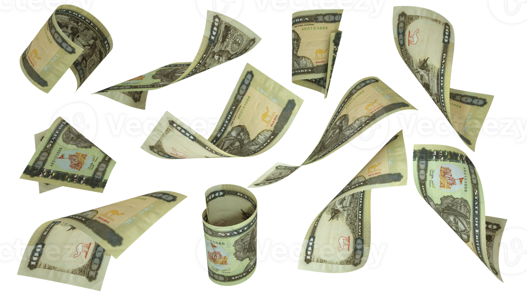 3D rendering of Eritrean Nakfa notes flying in different angles and orientations isolated on transparent background png