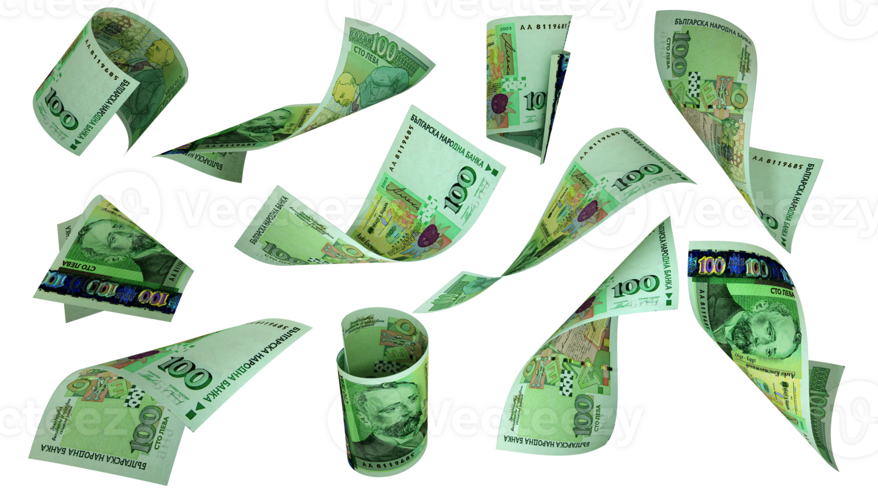 3D rendering of Bulgarian Lev notes flying in different angles and orientations isolated on transparent background png