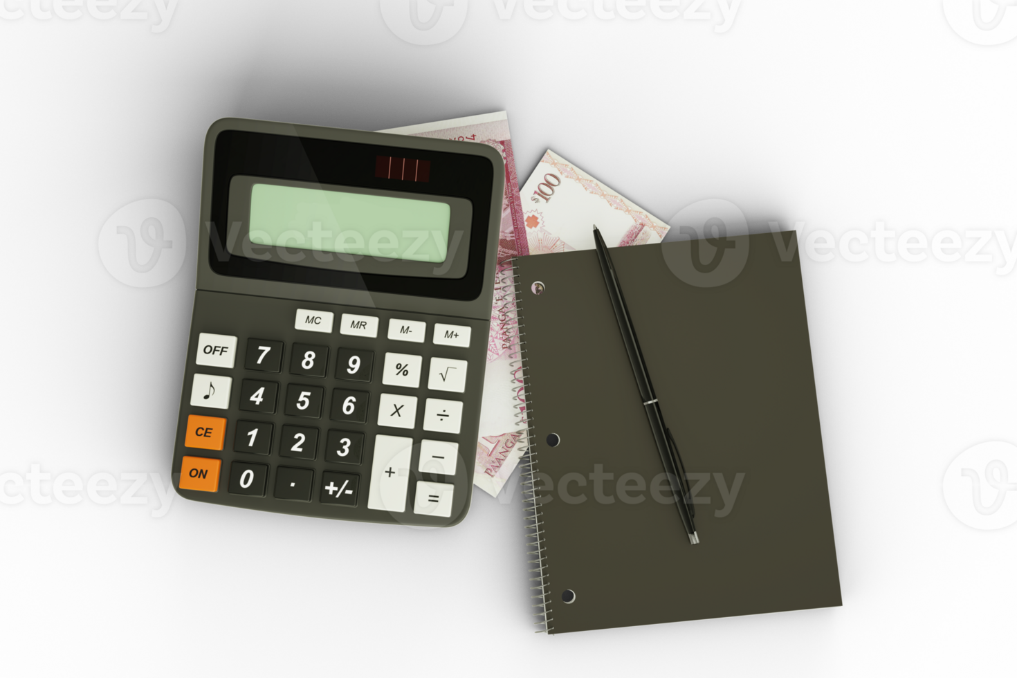 3D rendering of a composition of Tongan Paanga notes, a calculator, a note book and a pen isolated on transparent background. Tax background design concept png