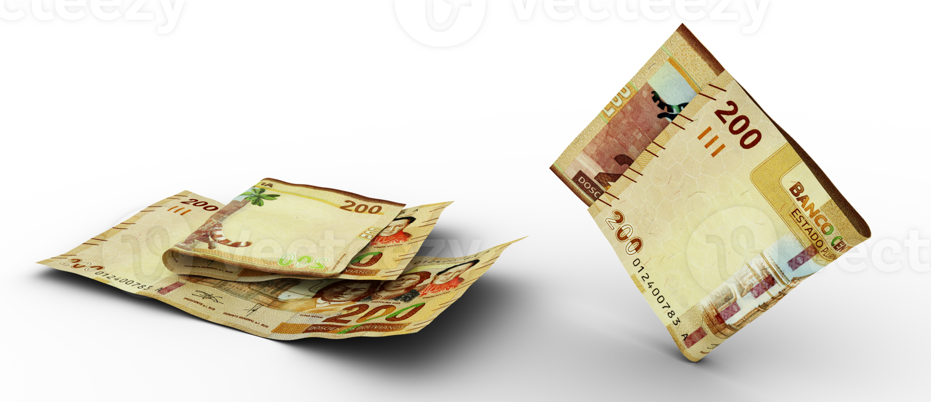 Set of 100 Bolivian Boliviano note isolated on transparent background. 3d rendering png