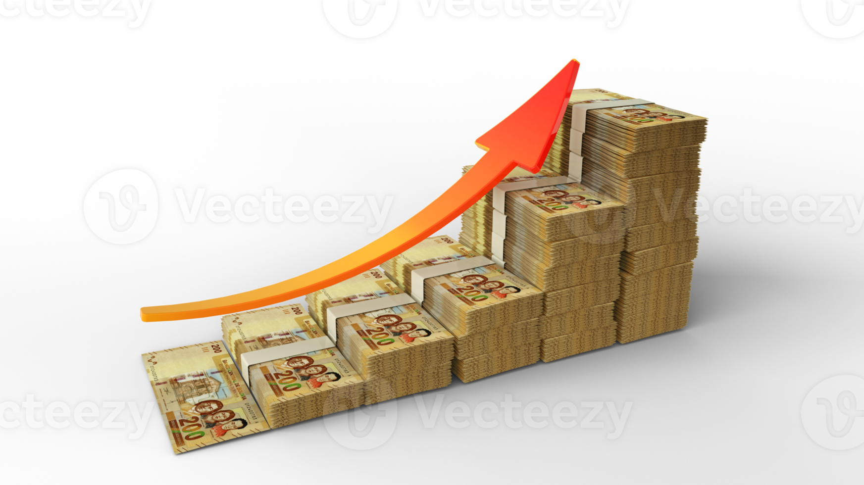 Financial growth sign made of stacks of 100 Bolivian Boliviano notes. 3D Rendering of Bolivian money arranged in the form of a bar graph isolated on transparent background png