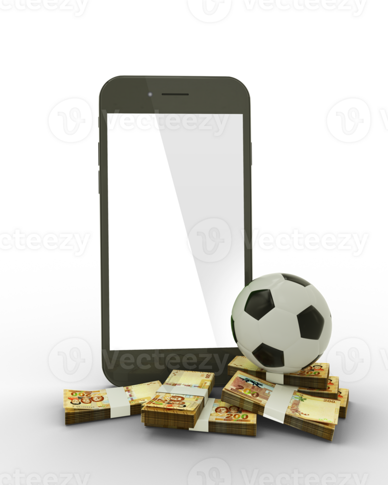 3D rendering of a mobile phone with soccer ball and stacks of 100  Bolivian Boliviano notes isolated on transparent background. png