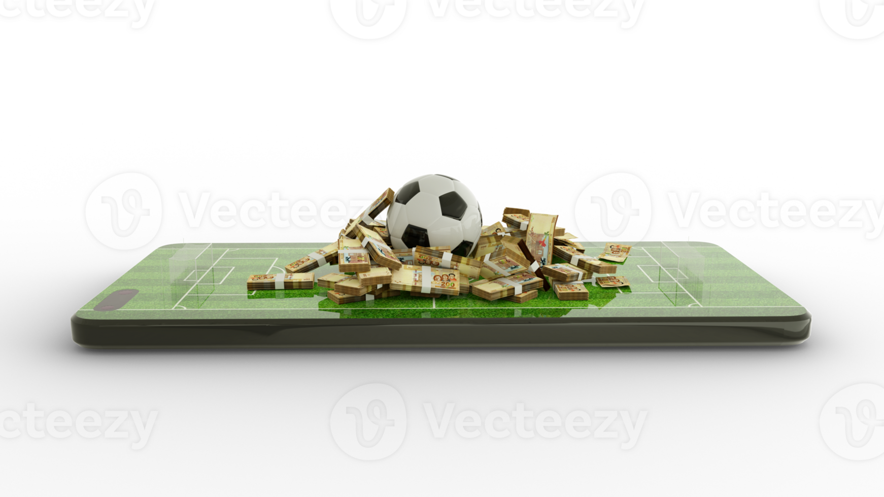 3d rendering of Mobile phone Soccer betting. Football and 100 Bolivian Boliviano notes on phone screen. Soccer field on smartphone screen isolated on transparent background. bet and win concept png