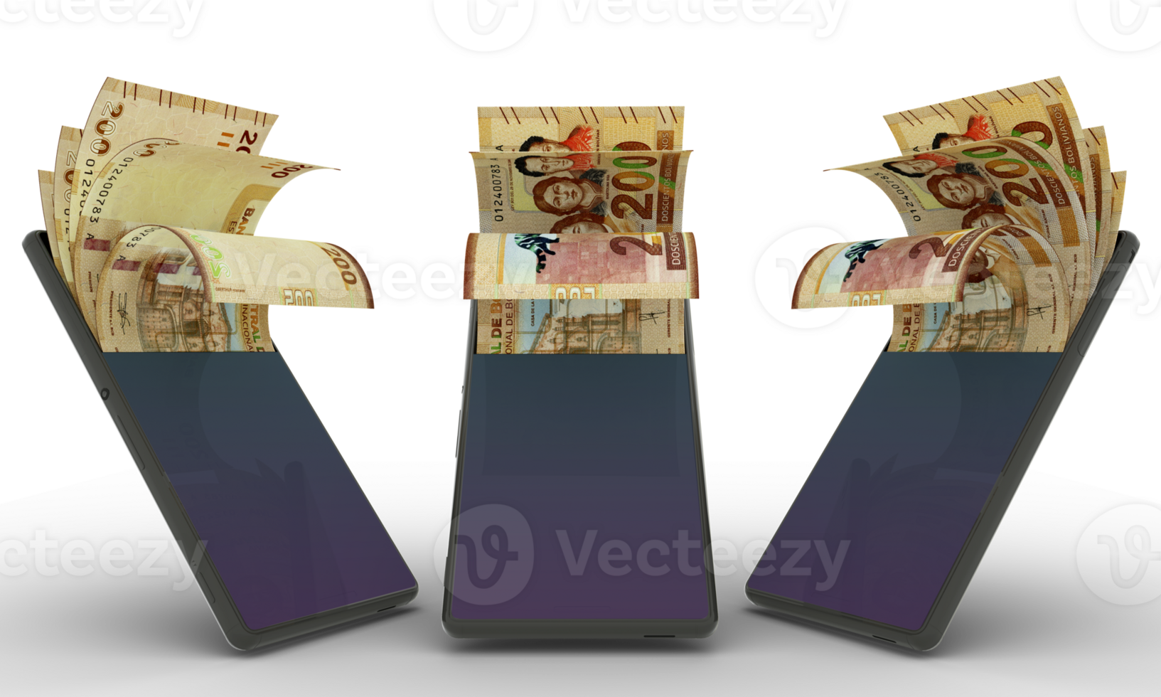 Bolivian Boliviano notes inside a mobile phone. money coming out of mobile phone. 3d rendering of set of mobile money transaction concept. money from Phone png