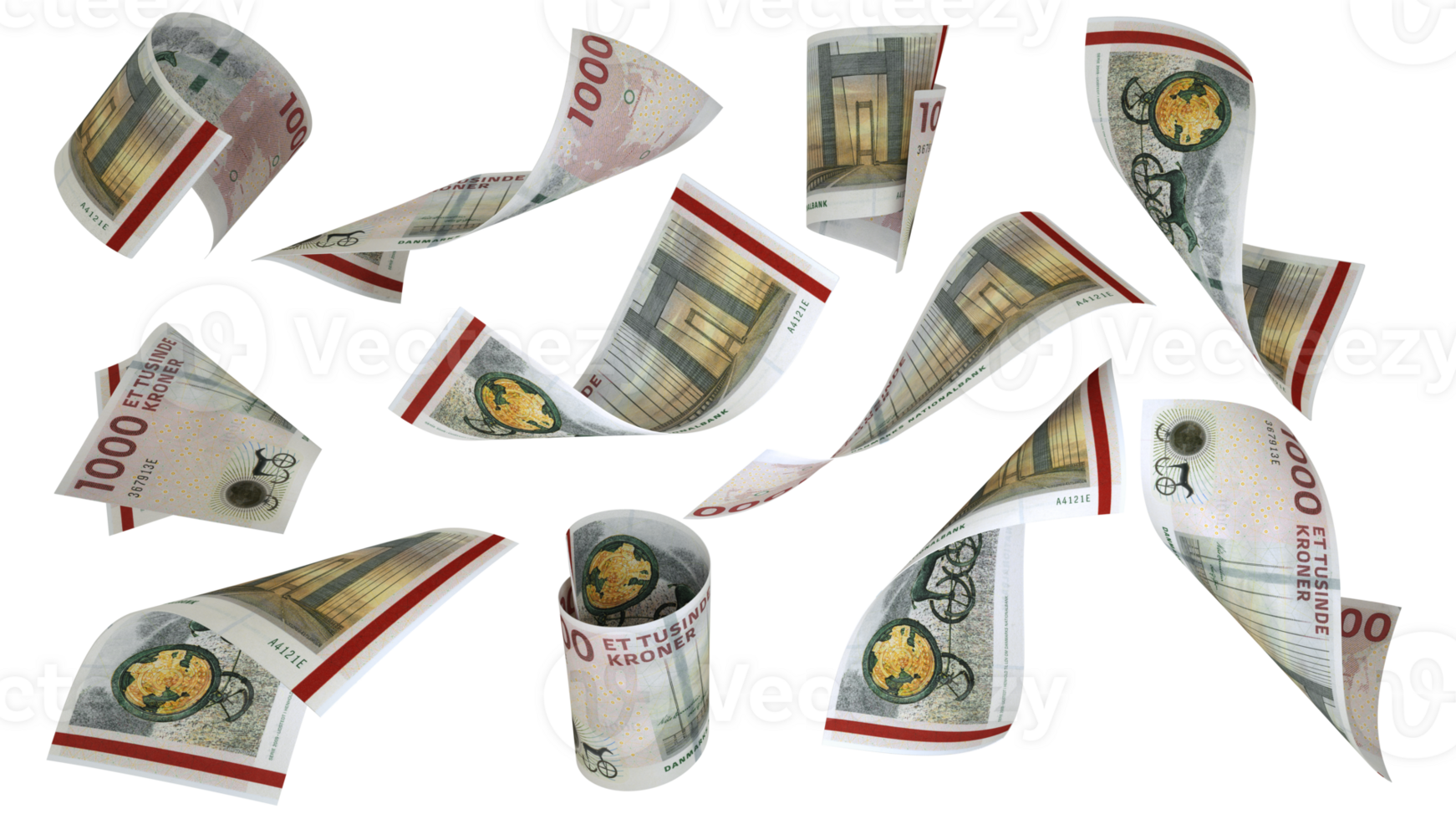 3D rendering of Danish Krone notes flying in different angles and orientations isolated on transparent background png