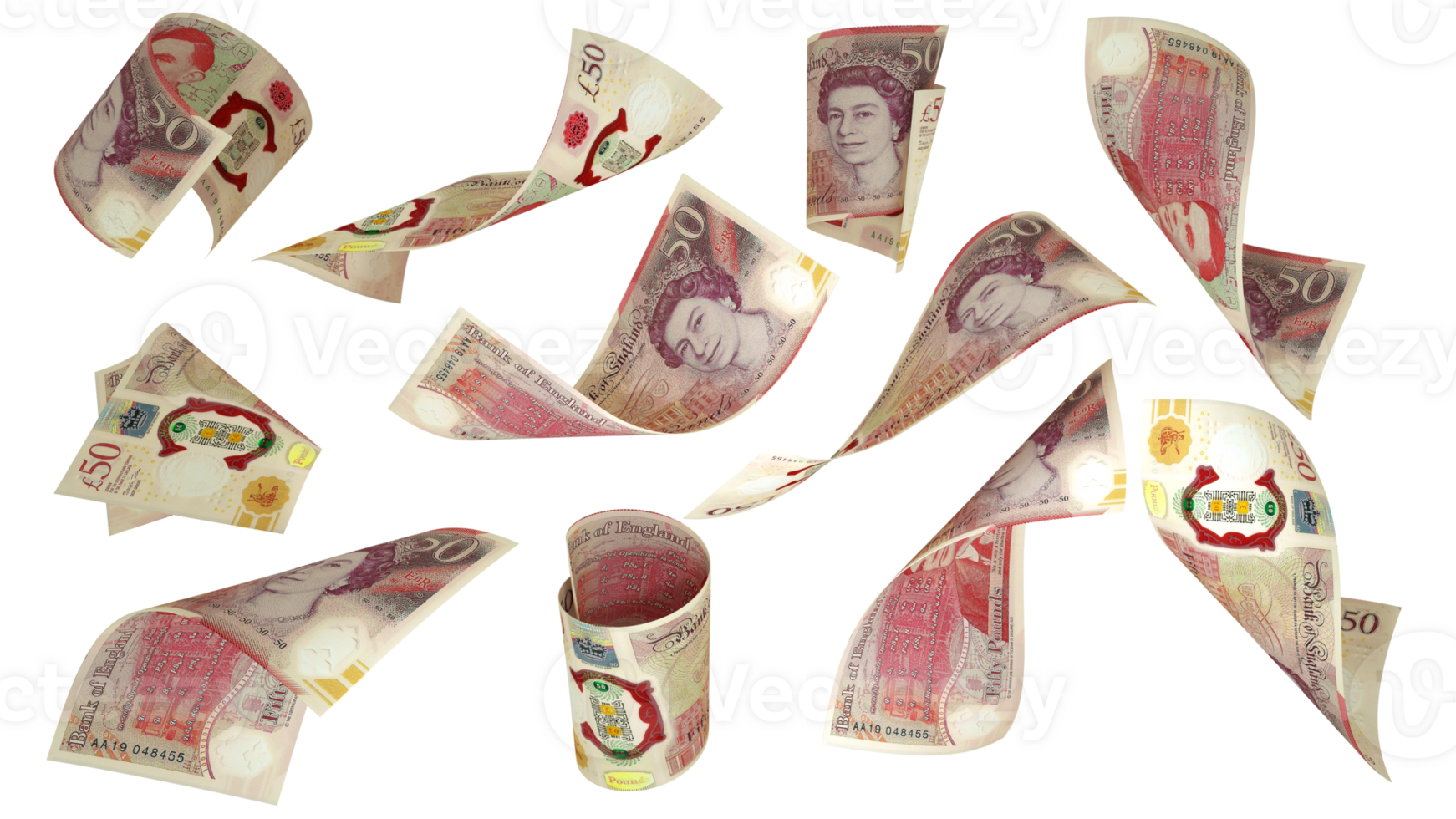 3D rendering of 50 British pound notes flying in different angles and orientations isolated on transparent background png