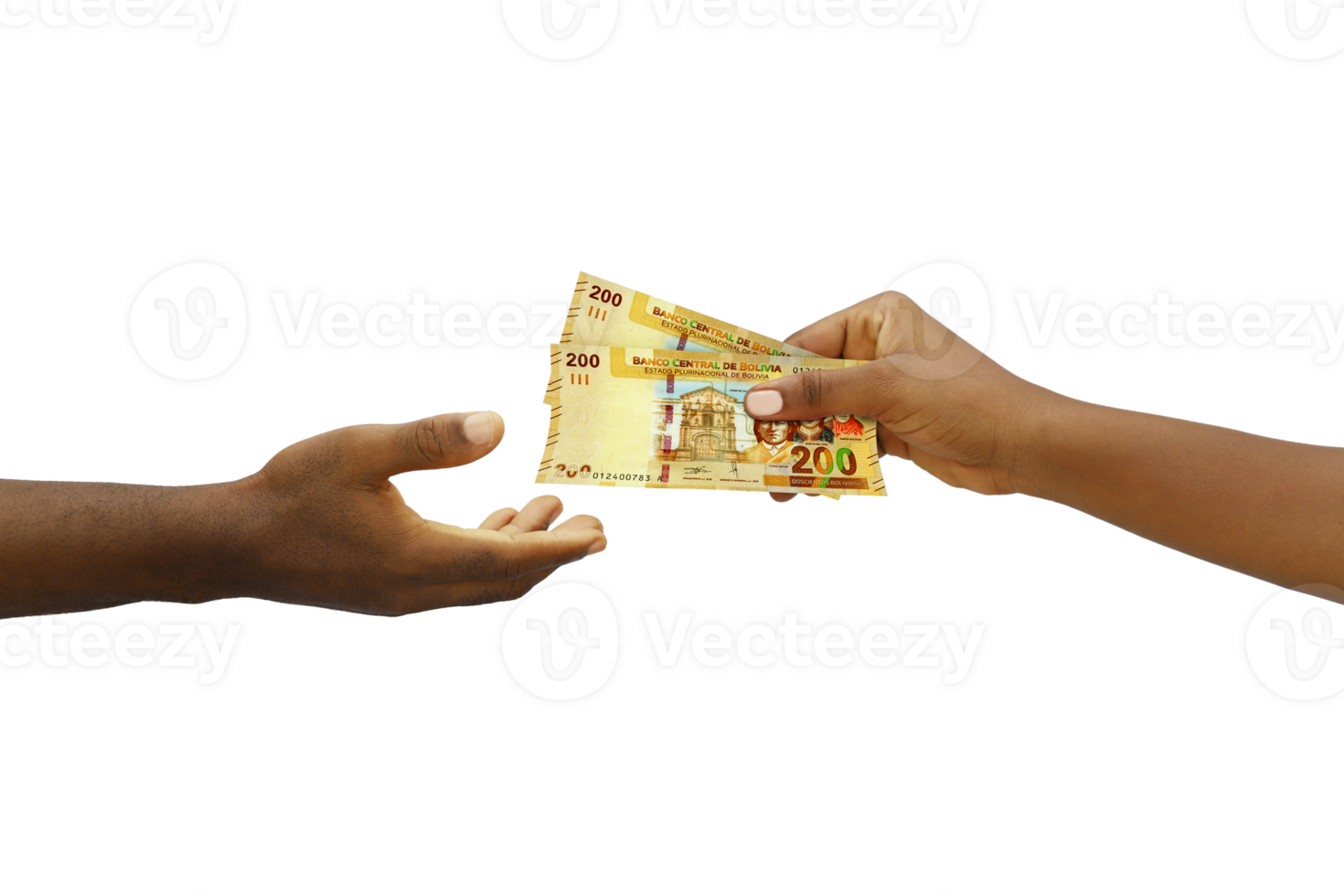 Hand giving 3D rendered Bolivian Boliviano notes to another hand. Hand receiving money png