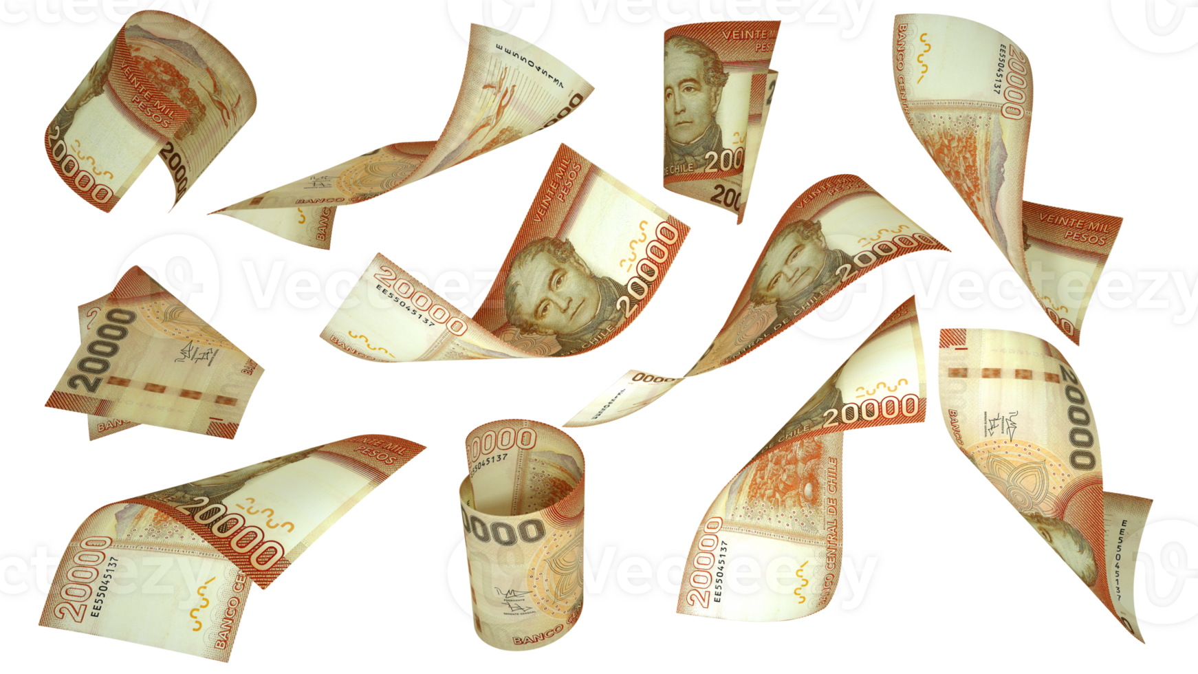 3D rendering of 20000 Chilean peso notes flying in different angles and orientations isolated on transparent background png