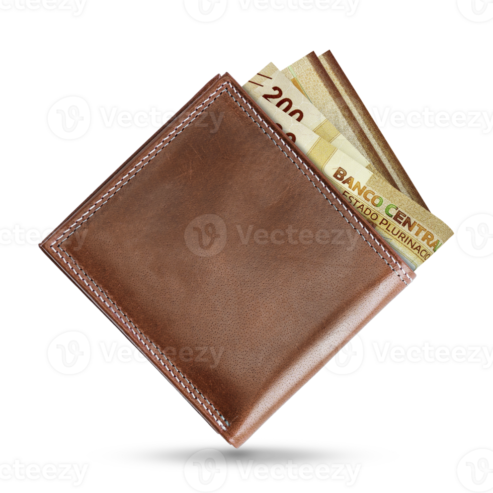 3D rendering of Bolivian Boliviano notes in a brown leather men wallet.  Bolivian Boliviano in wallet png