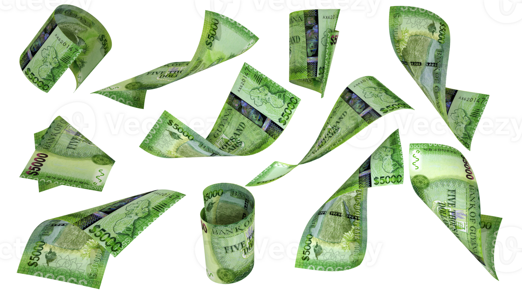 3D rendering of Guyanese dollar notes flying in different angles and orientations isolated on transparent background png