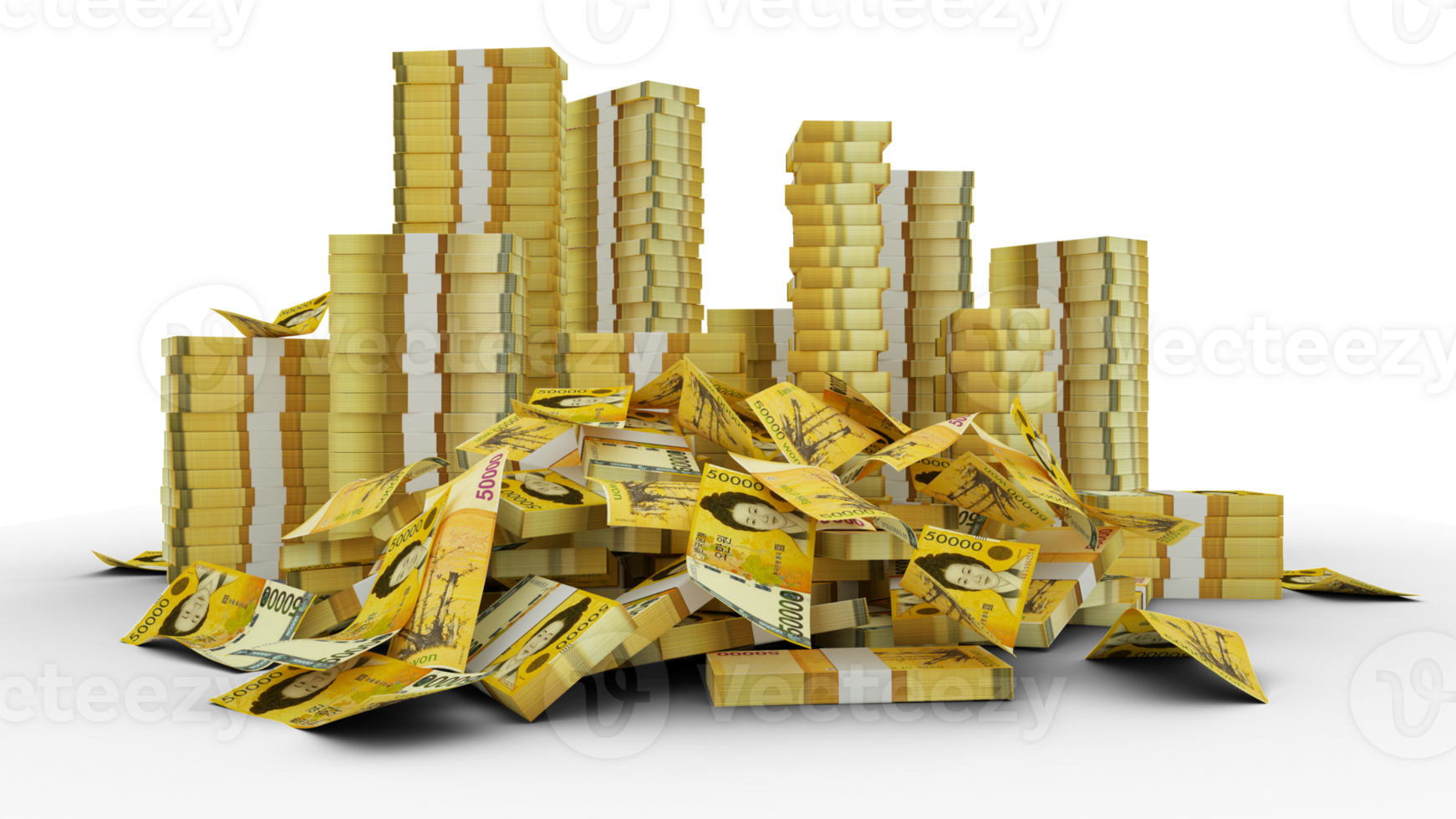 Big stacks of South Korean won notes. A lot of money isolated on transparent background. 3d rendering of bundles of cash png