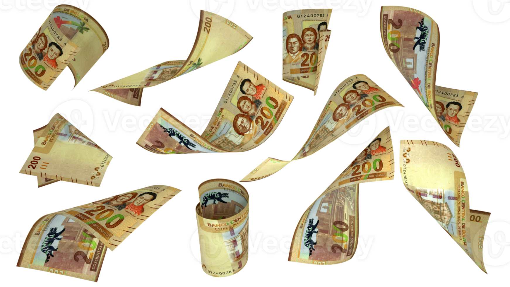 3D rendering of Bolivian boliviano notes flying in different angles and orientations isolated on transparent background png