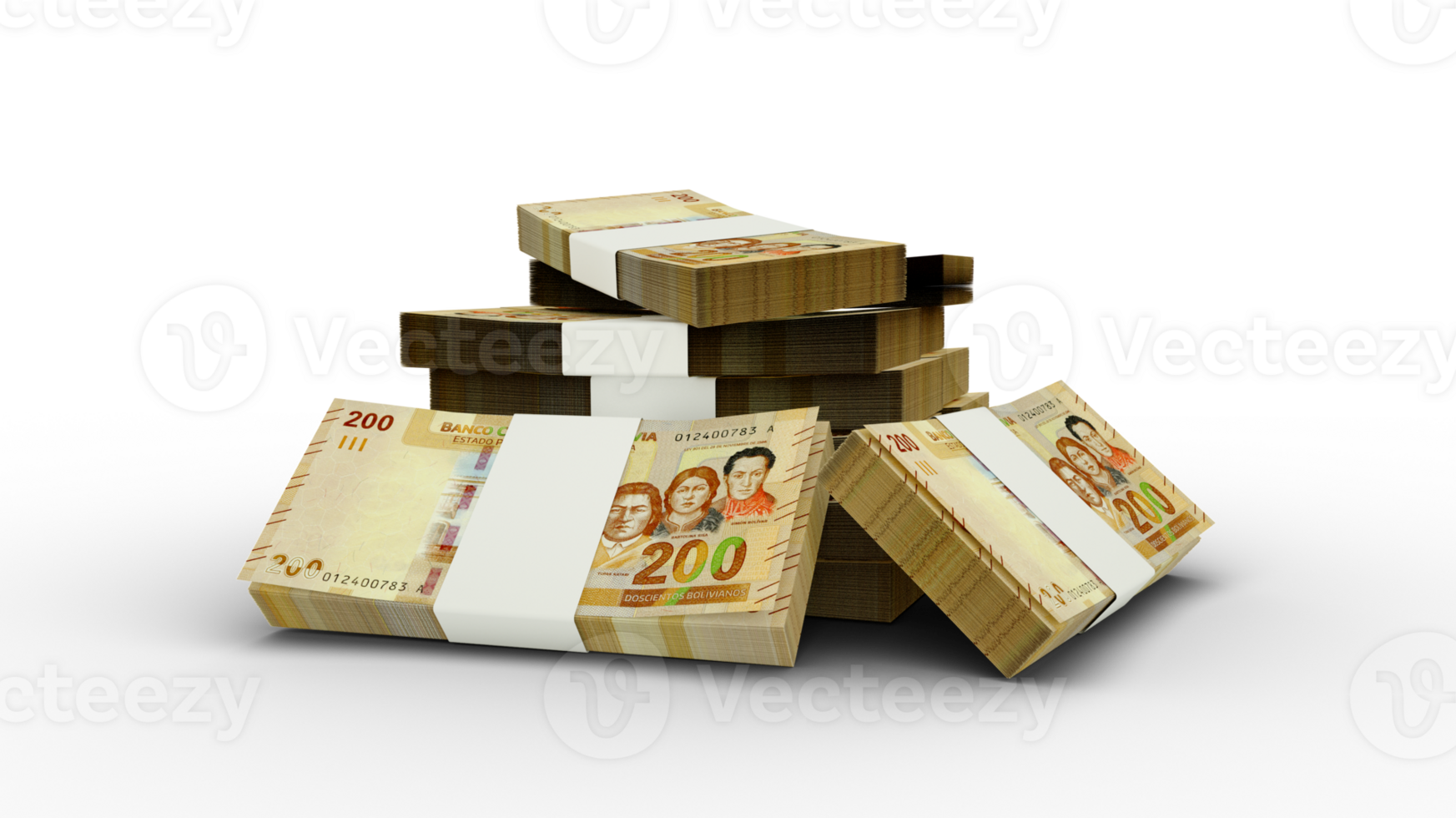 3d rendering of Stacks of 100 Bolivian Boliviano notes. bundles of Bolivian currency notes isolated on transparent background png