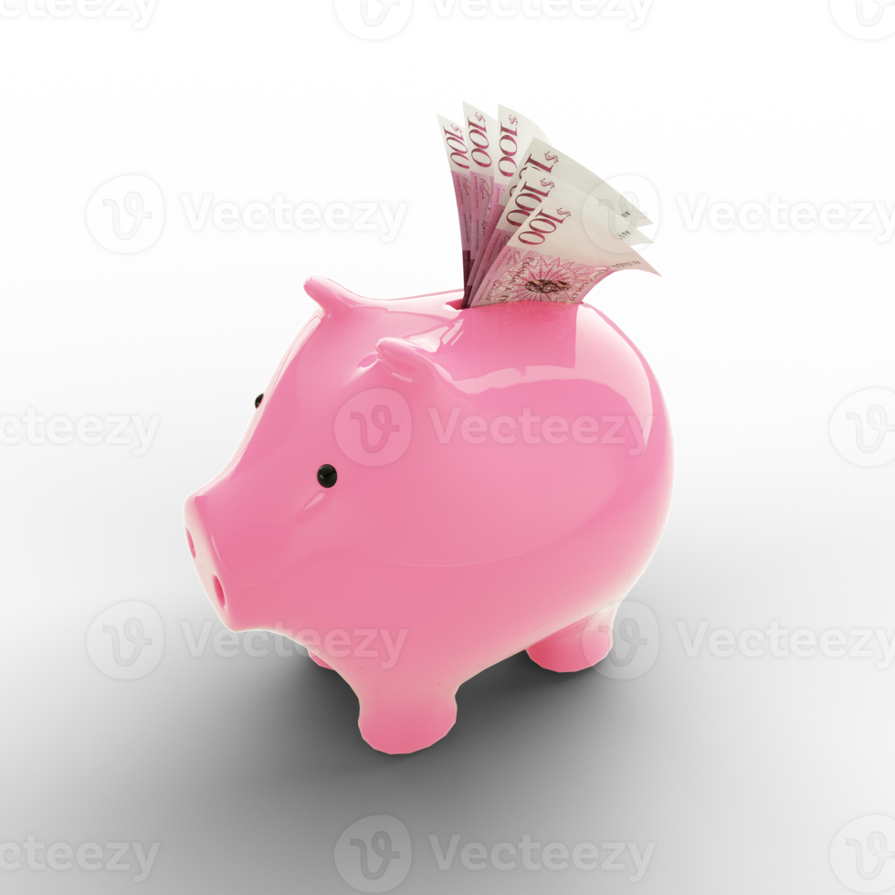100 Tongan Paanga notes inside pink Piggy Bank, money in piggy bank, savings concept, 3d rendering png