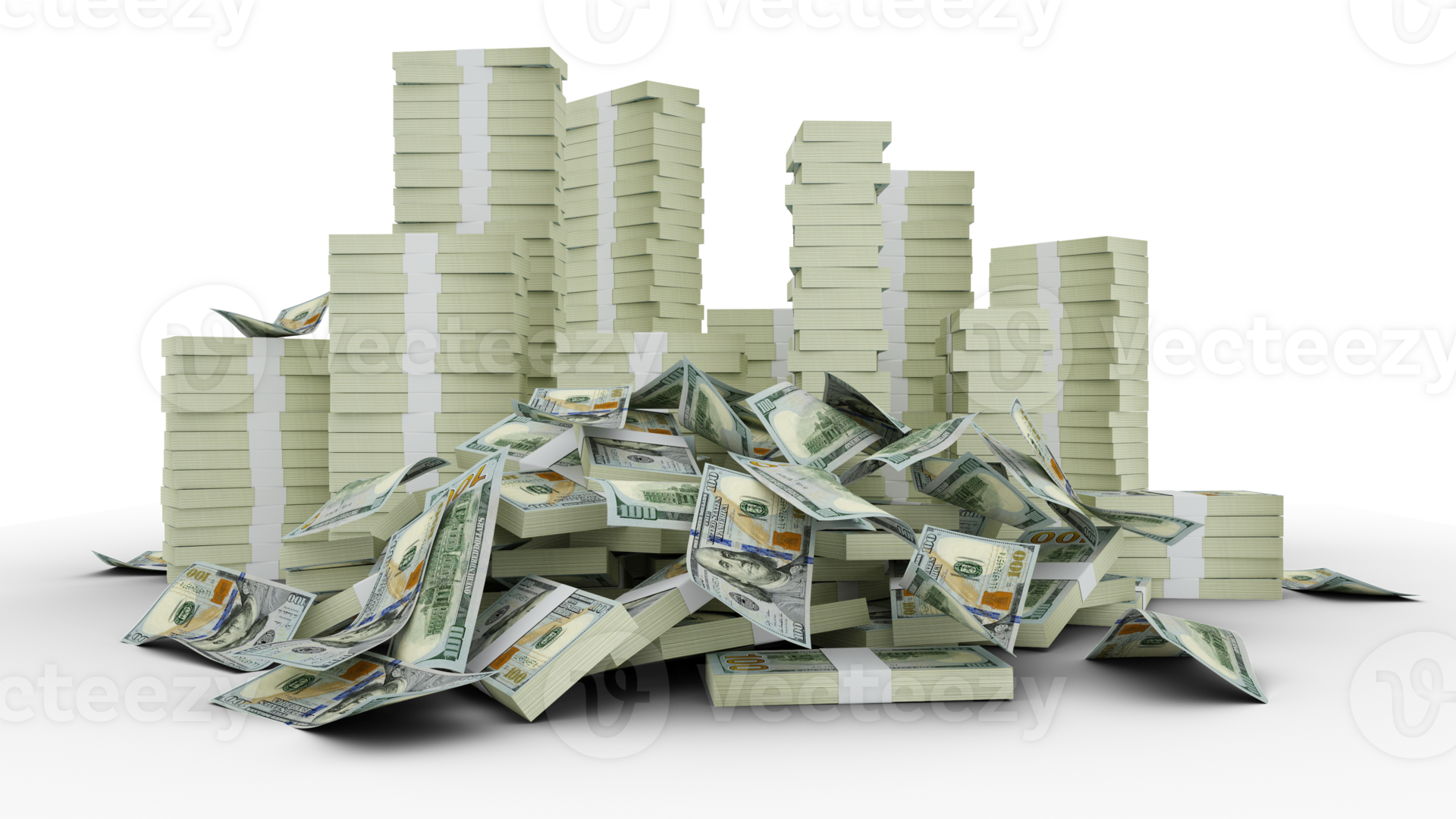 Big stacks of US dollar notes. A lot of money isolated on transparent ...