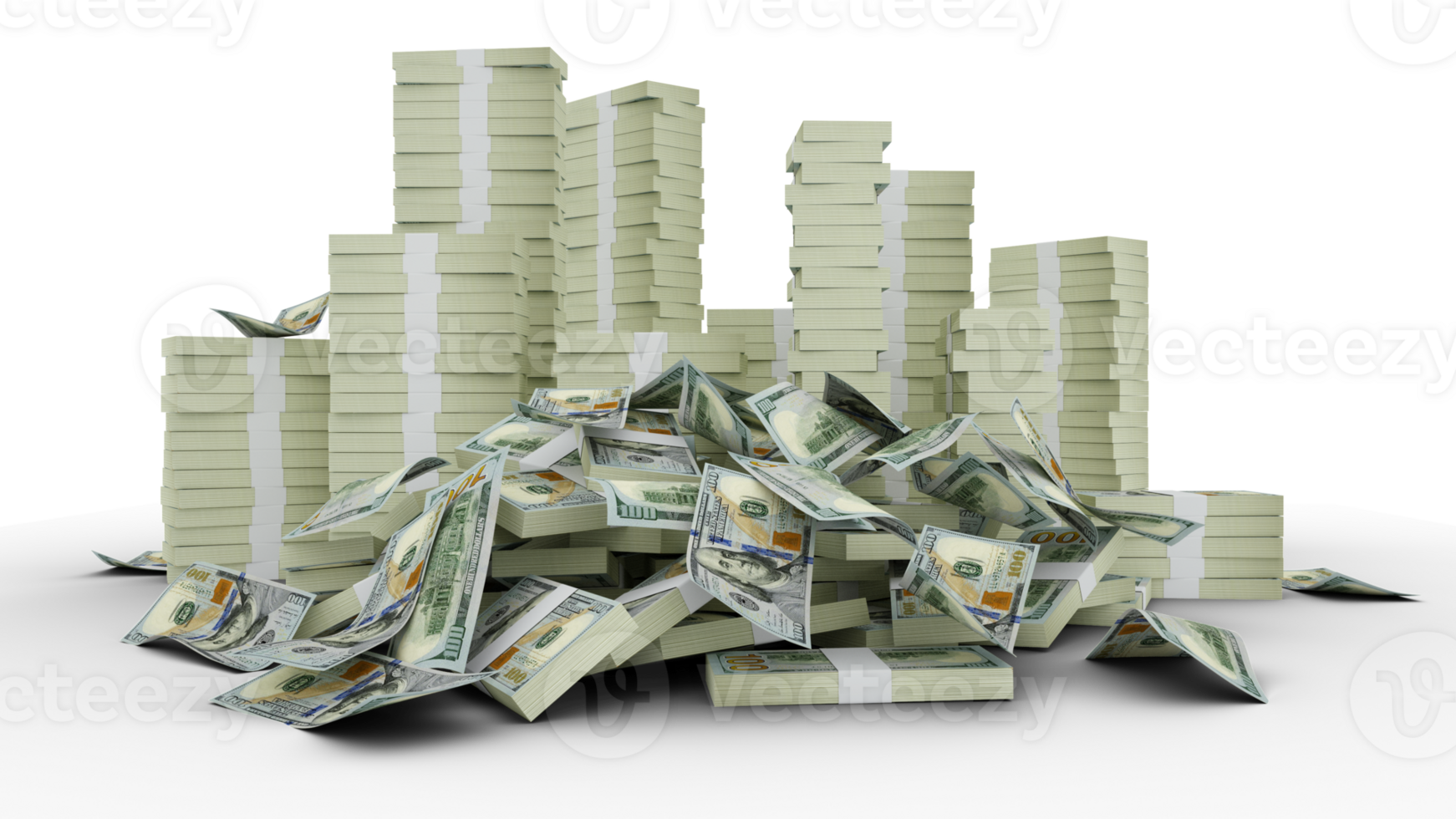 Big stacks of US dollar notes. A lot of money isolated on transparent background. 3d rendering of bundles of cash png