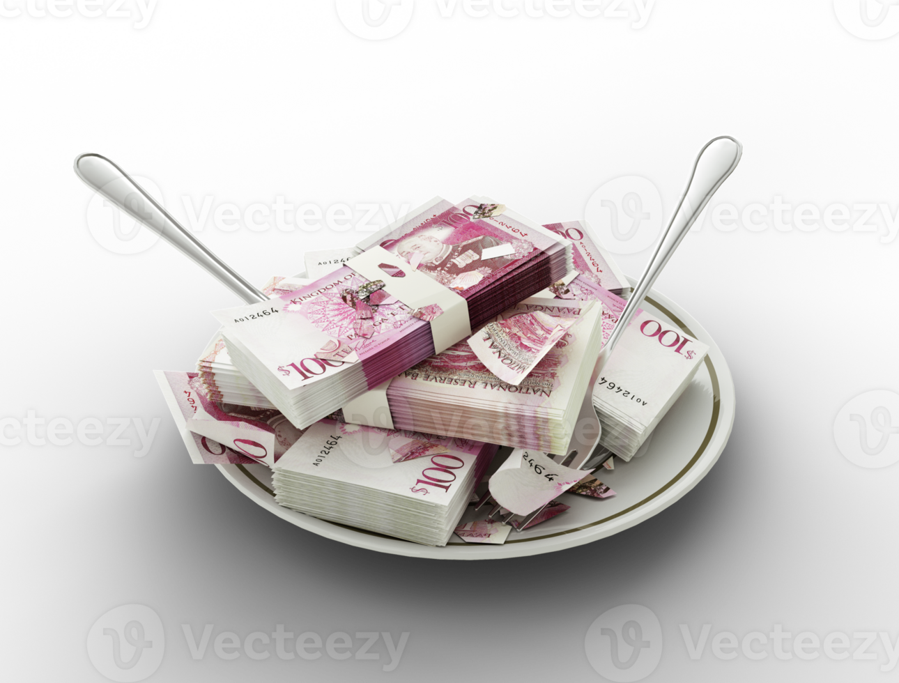 3D rendering of 100 Tongan Paanga notes on plate. Money spent on food concept. Food expenses, expensive meal, spending money concept. eating money, misuse of money png