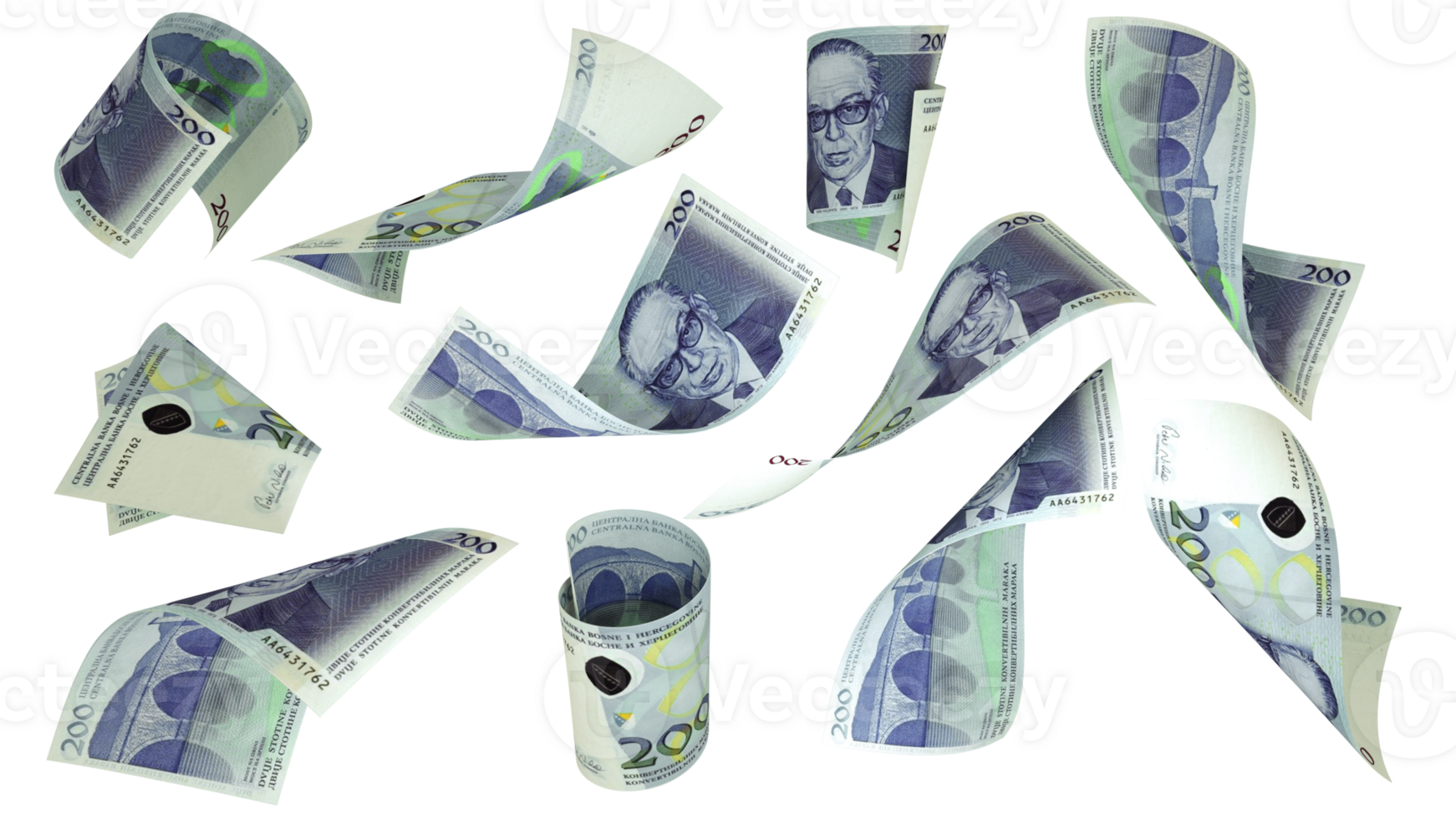 3D rendering of Bosnia-Herzegovina Convertible Marka notes flying in different angles and orientations isolated on transparent background png