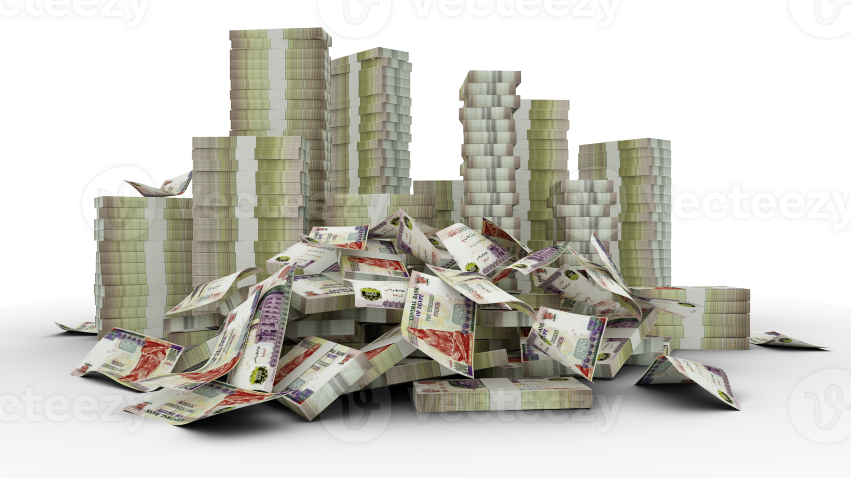 Big stacks of Egyptian pound notes. A lot of money isolated on transparent background. 3d rendering of bundles of cash png