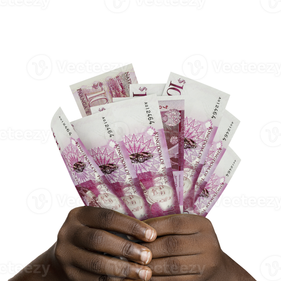 Black hands holding 3D rendered Tongan Paanga notes. closeup of Hands holding Tongan currency notes png