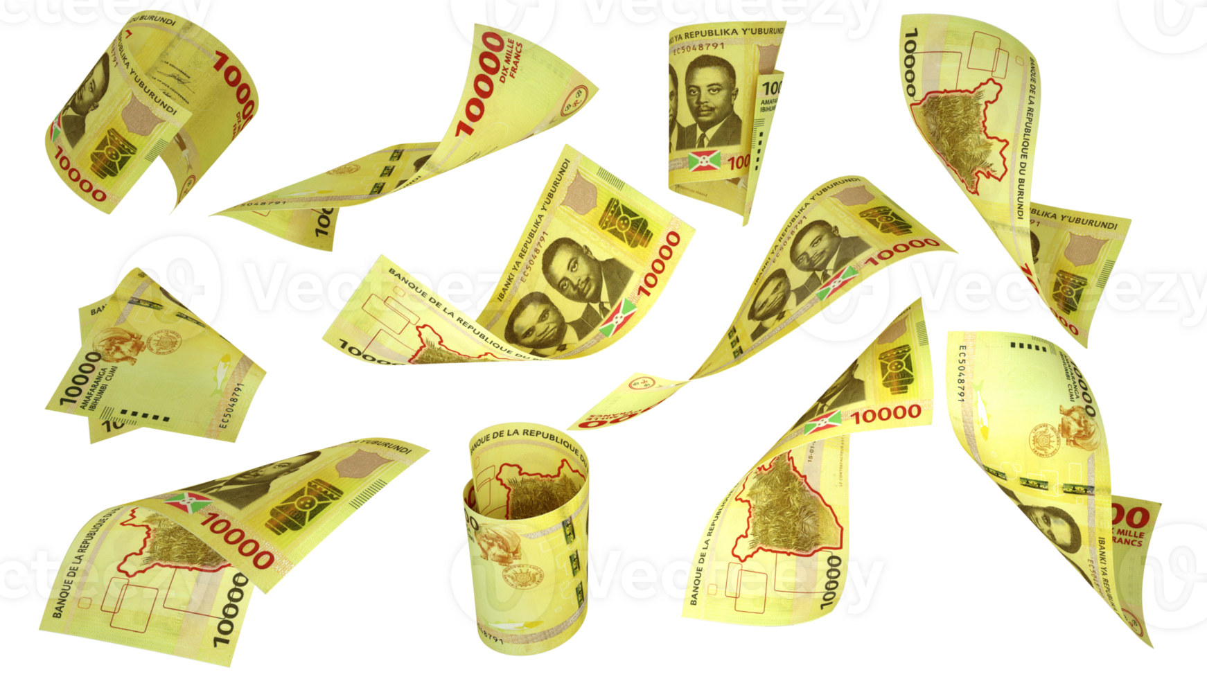 3D rendering of Burundian Franc notes flying in different angles and orientations isolated on transparent background png