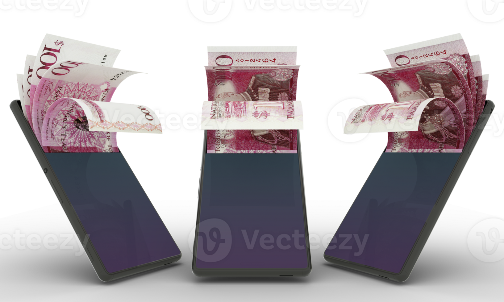 Tongan Paanga notes inside a mobile phone. money coming out of mobile phone. 3d rendering of set of mobile money transaction concept. money from Phone png