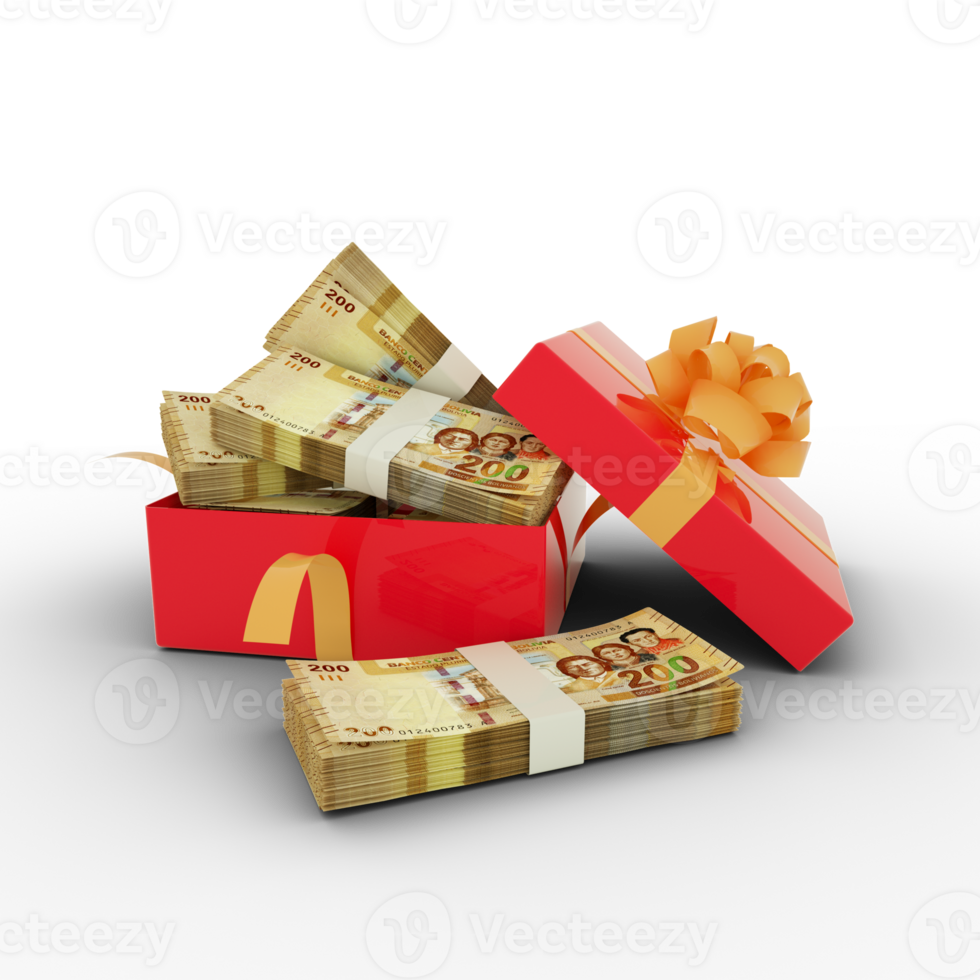 Stack of Bolivian Boliviano inside an open red gift box. Bundles of Bolivian Boliviano inside a gift box. 3d rendering of money inside box isolated on transparent background png