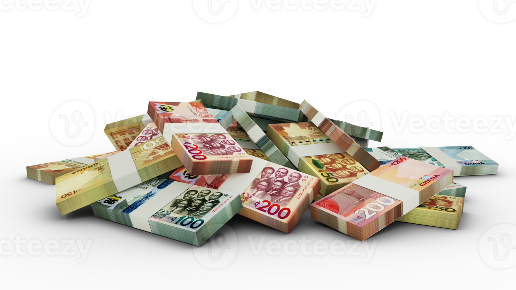 3D rendering of Stacks of Ghanaian Cedi notes png