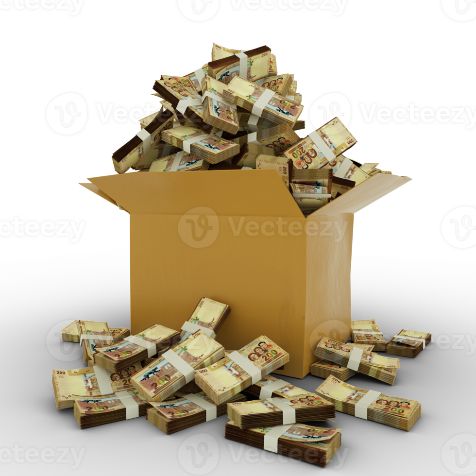 3d rendering of cardboard box full of 100 Bolivian Boliviano notes isolated on a transparent background png