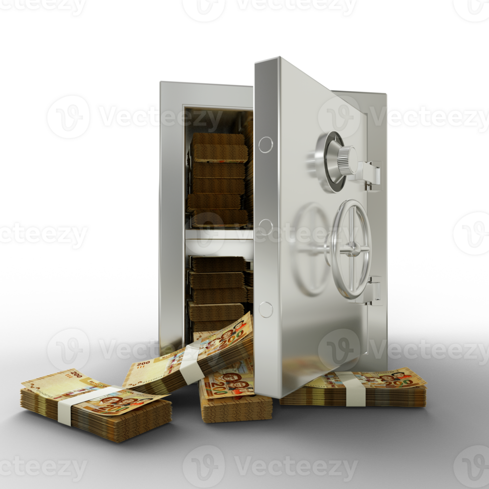 Bundles of 100 Bolivian Boliviano in Steel safe box. 3D rendering of stacks of money inside metallic vault isolated on transparent background, Financial protection concept, financial safety. png