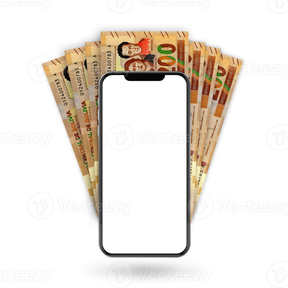 3d Illustration of Bolivian Boliviano notes behind mobile phone png