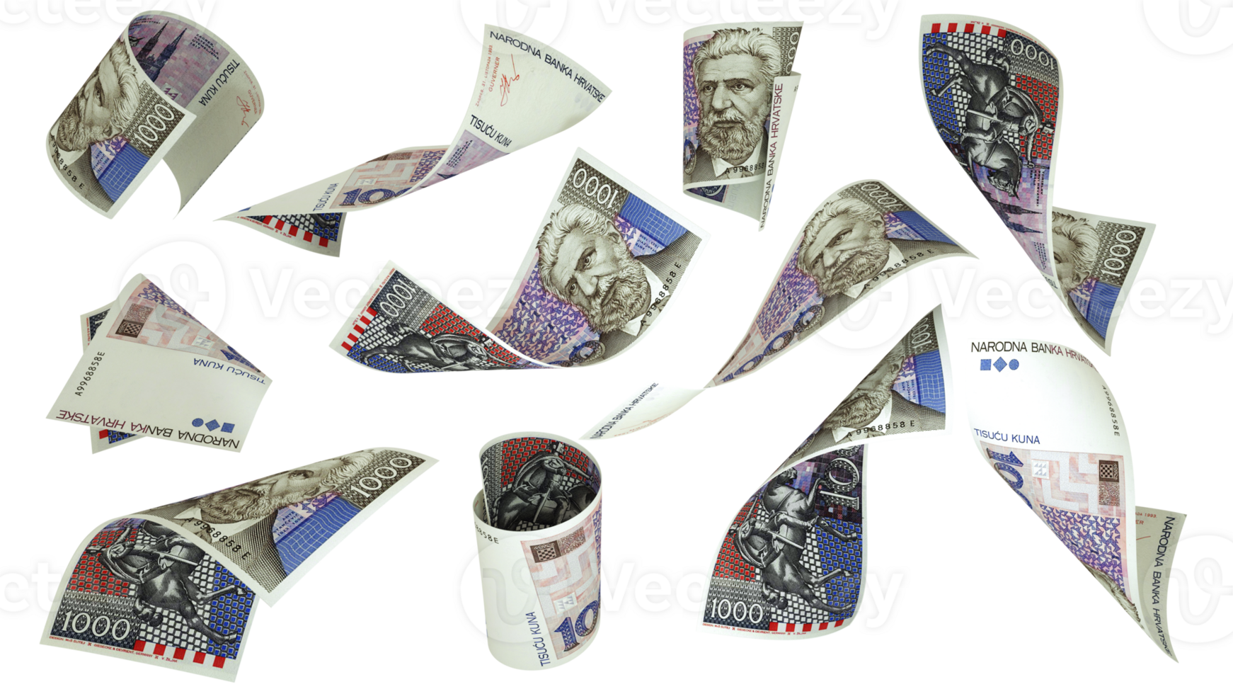 3D rendering of Croatian Kuna notes flying in different angles and orientations isolated on transparent background png