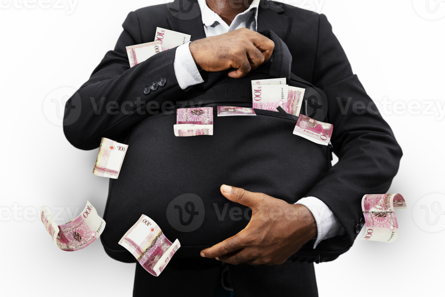 Black Businessman holding black bag full of Tongan Paanga notes isolated on transparent background, money falling from bag png