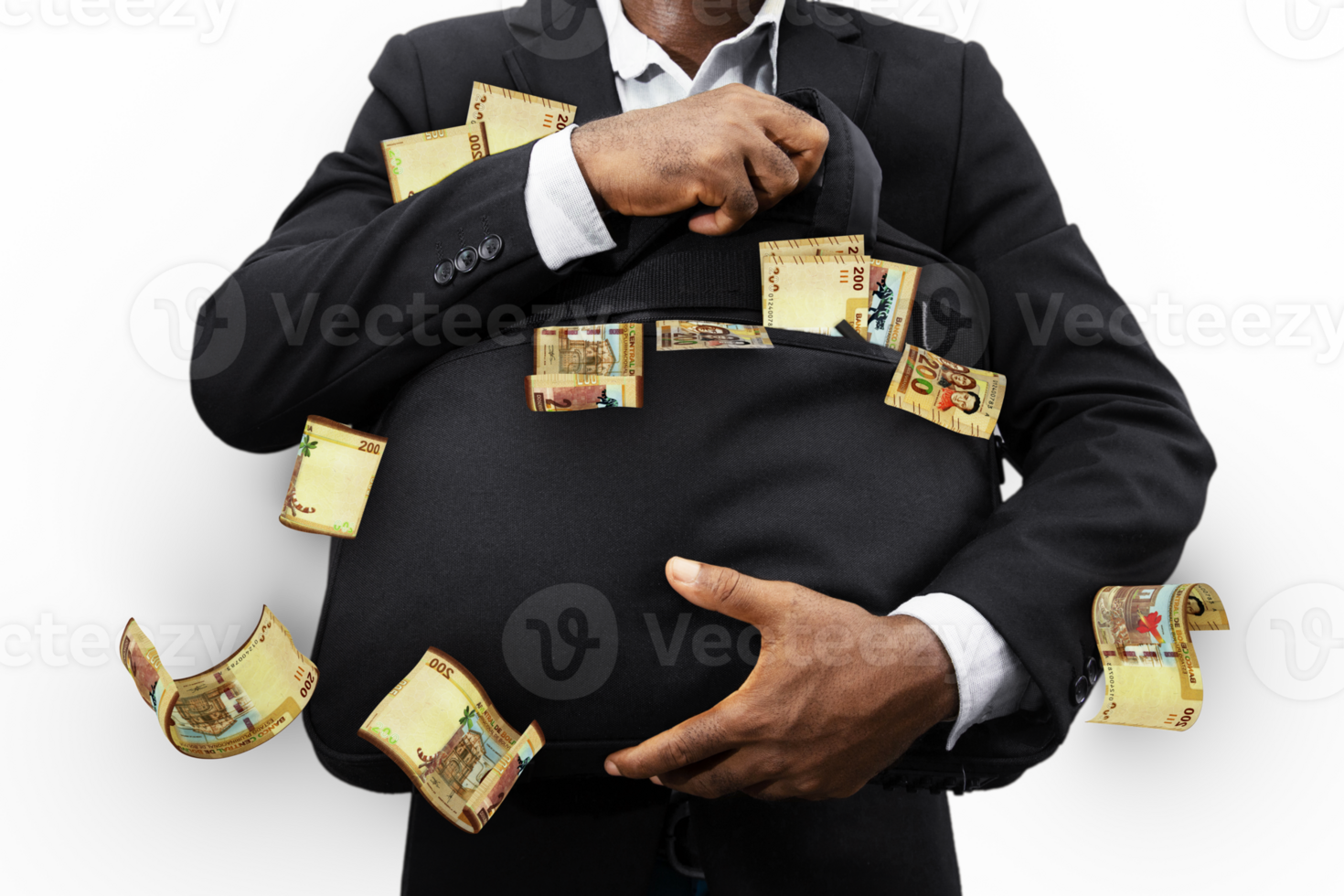 Black Businessman holding black bag full of Bolivian Boliviano notes isolated on transparent background, money falling from bag png