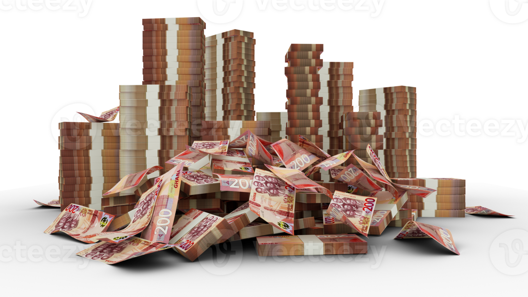 Big stacks of Ghanaian cedi notes. A lot of money isolated on transparent  background. 3d rendering of bundles of cash png