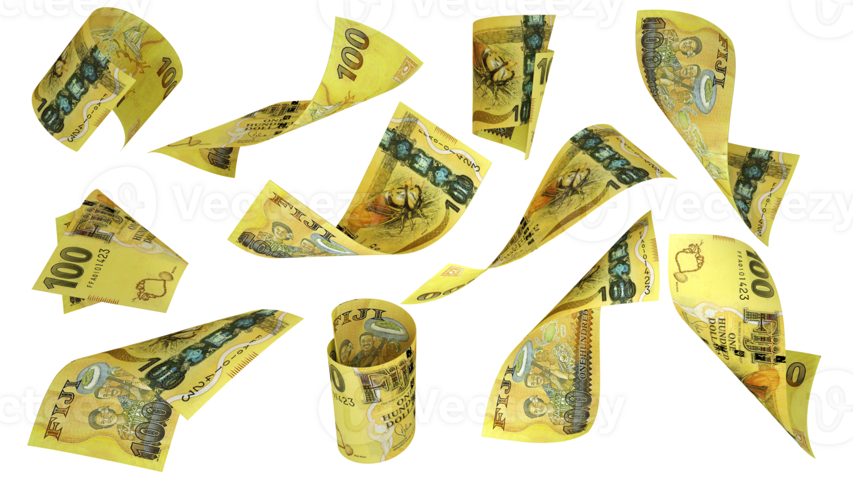3D rendering of Fijian Dollar notes flying in different angles and orientations isolated on transparent background png