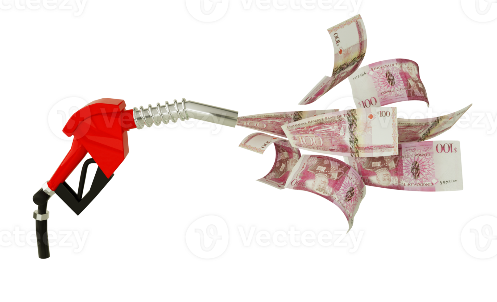 3d rendering of 100 Tongan Paanga notes coming out from fuel pump. red fuel nozzle with Paanga flying around png