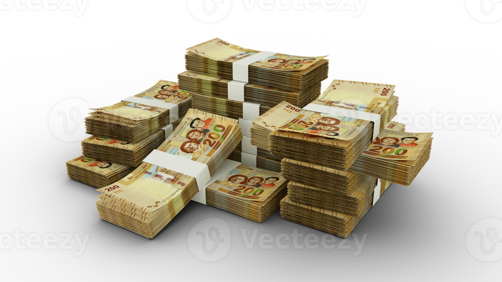 Stack of Bolivian Boliviano notes. 3D rendering of bundles of banknotes png