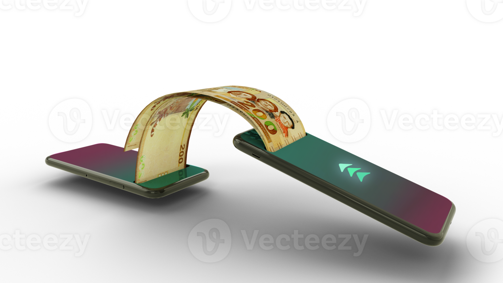 3D rendering of Bolivian Boliviano notes transferring from one phone to another. mobile money transaction concept. money coming out of mobile phone png