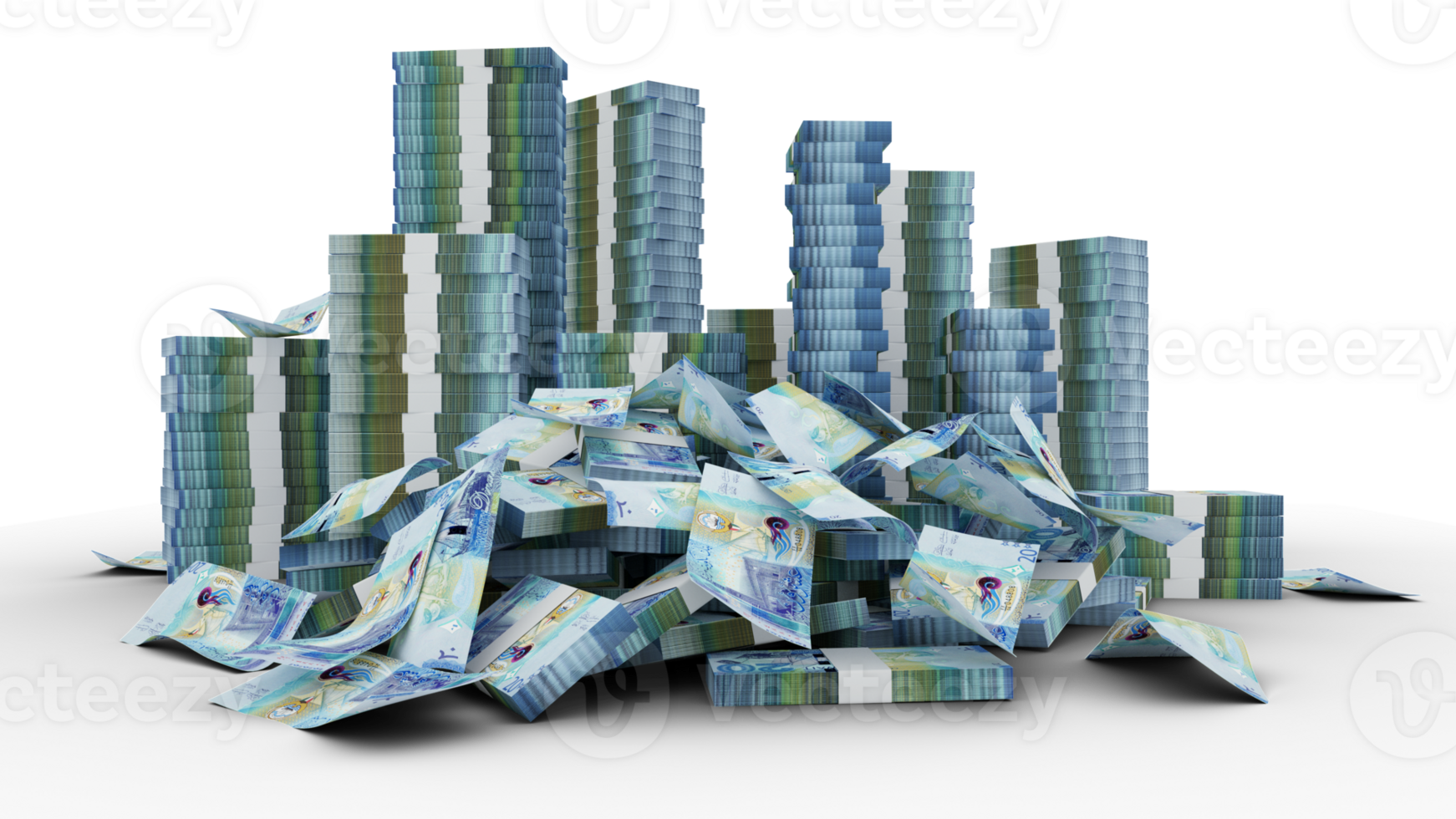 Big stacks of 20 Kuwaiti dinar notes. A lot of money isolated on transparent background. 3d rendering of bundles of cash png