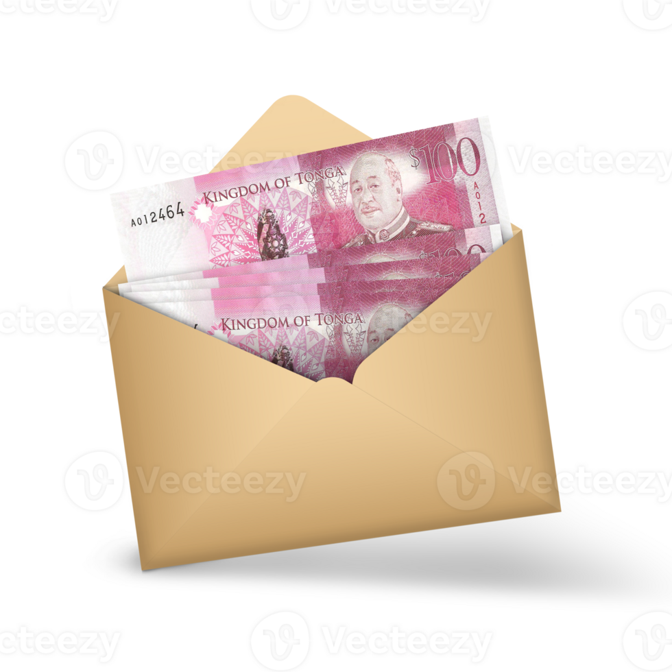 100 Tongan Paanga notes inside an open brown envelope. 3D illustration of money in an open envelop png